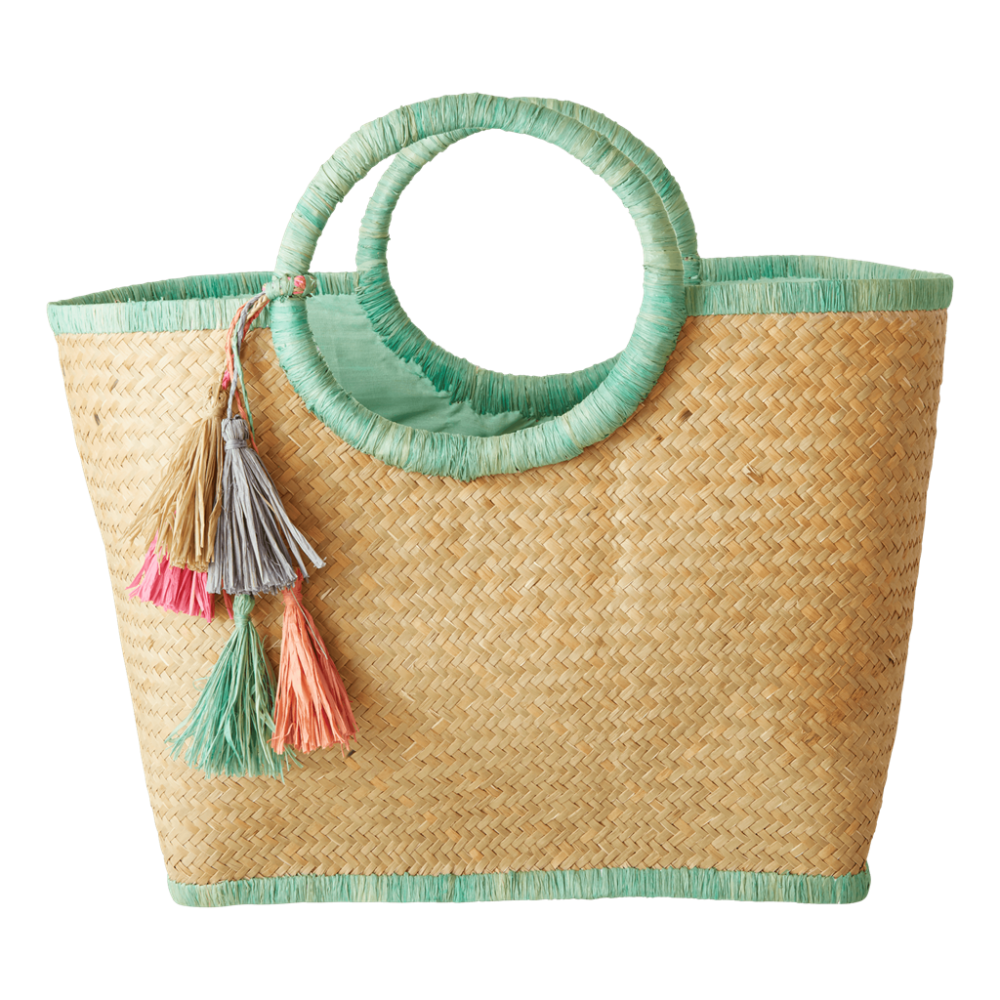 Raffia Shopping Basket in Sage Green with Tassels By Rice DK